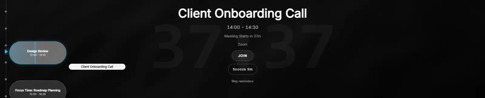 Ahem! countdown stretched across the full screen width: giant ghost digits reading 01:49:14 behind the next meeting's details