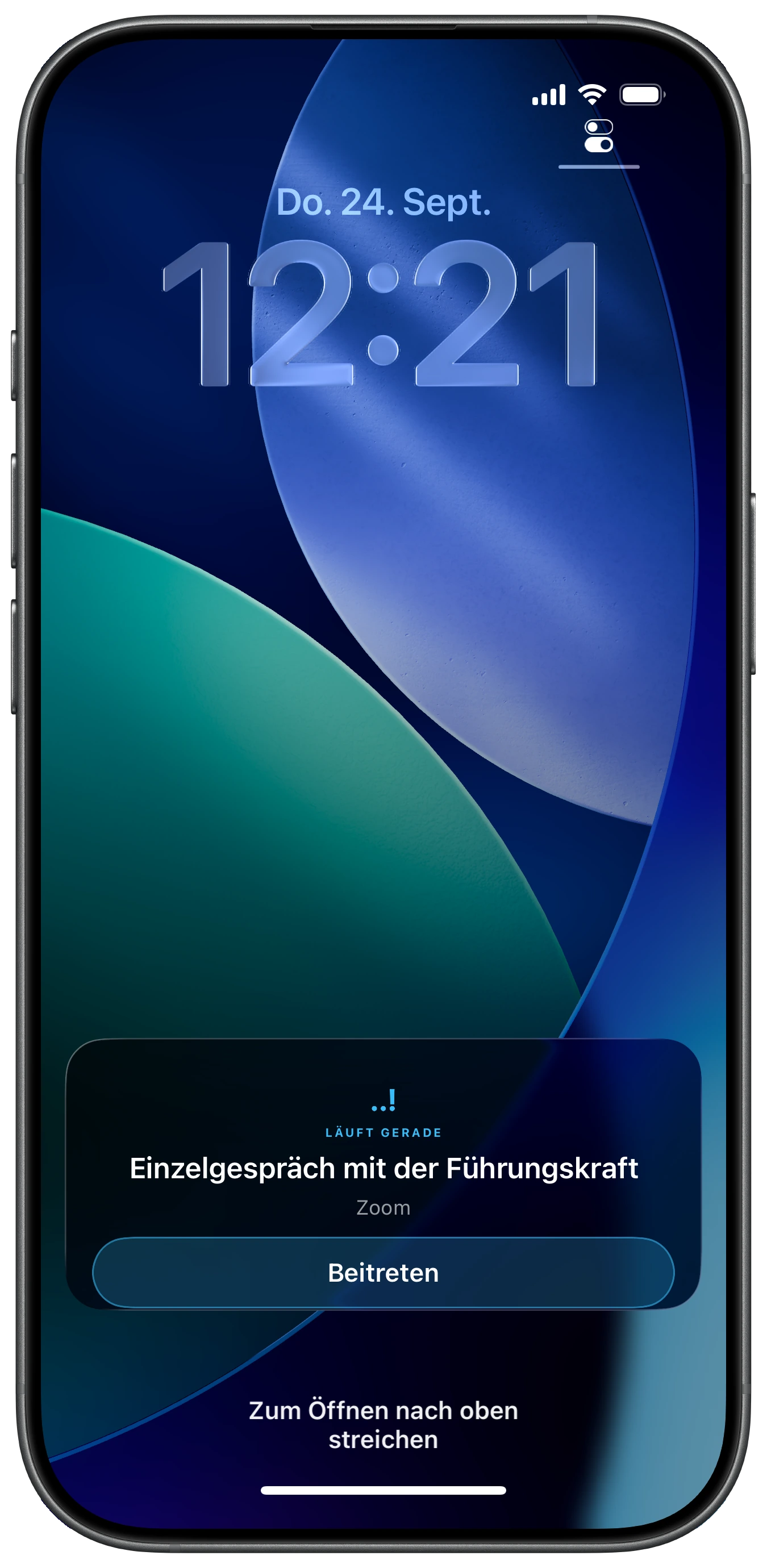 iPhone-Sperrbildschirm mit einer Ahem-Live-Aktivität für ein Meeting