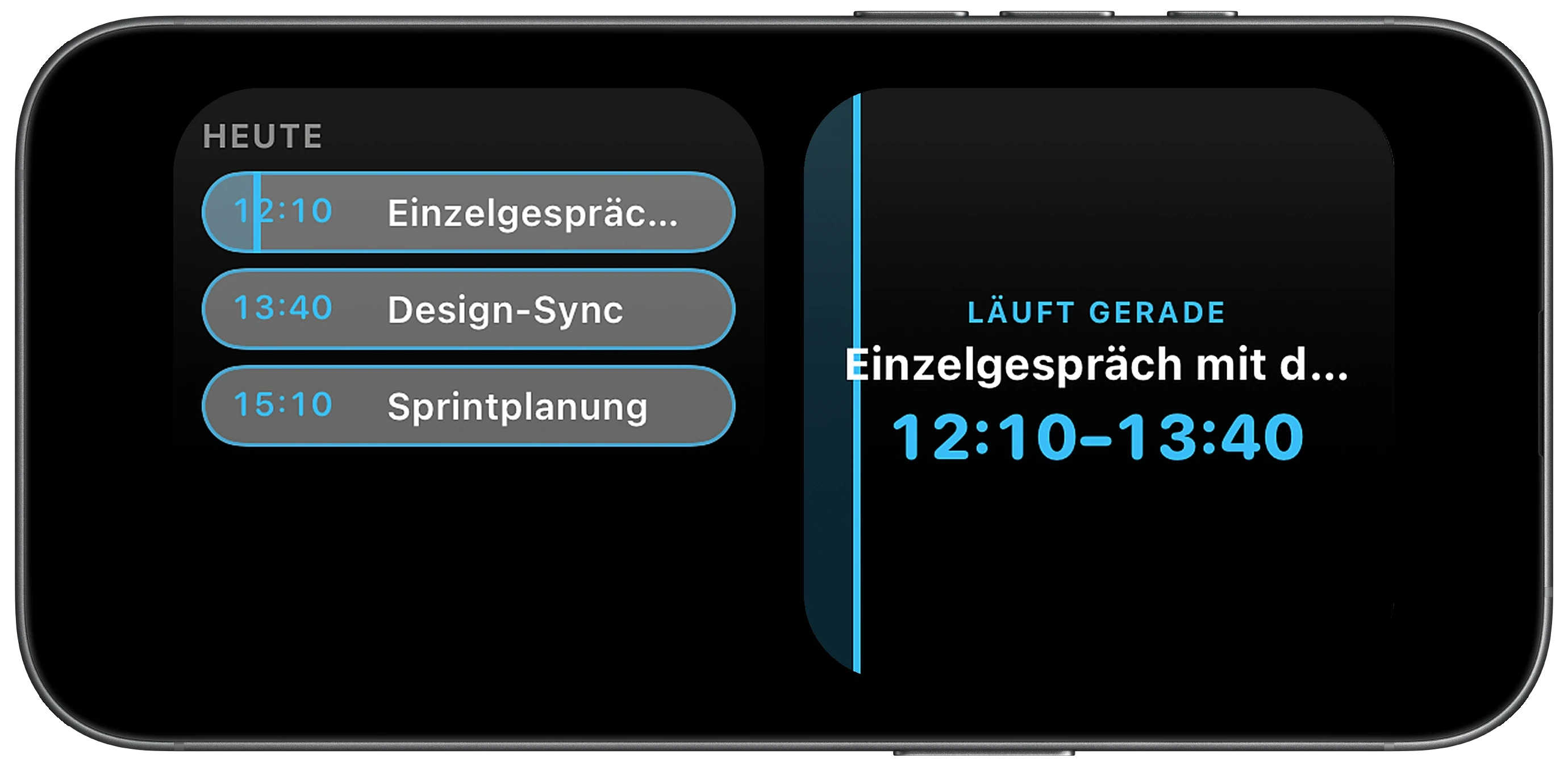 iPhone im StandBy-Modus auf einem Tisch mit aktuellem Meeting und kommenden Terminen