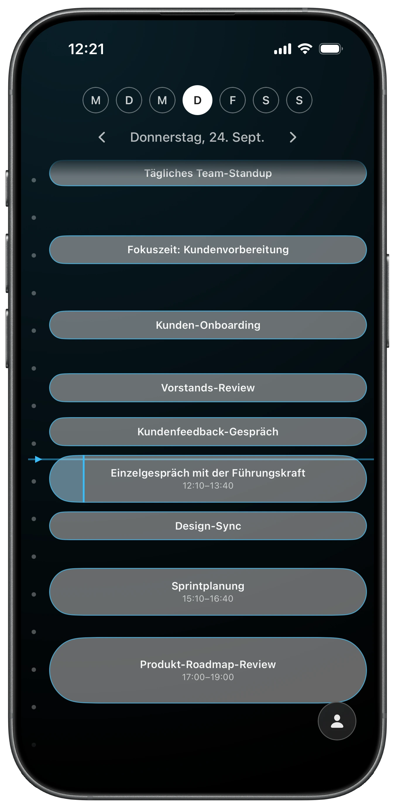 Ahem für iOS mit scrollbarer Tageszeitleiste und Termindetails