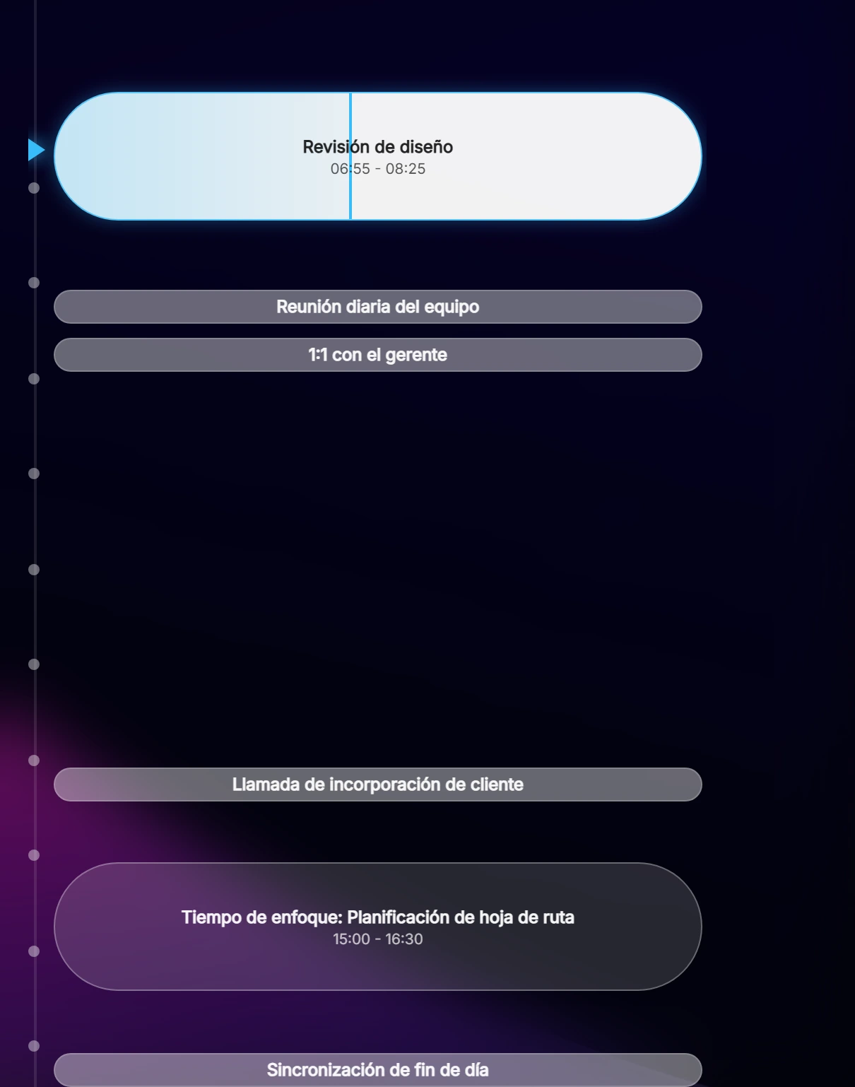 Cronología diaria vertical de Ahem!: reuniones pasadas atenuadas, la reunión actual resaltada, próximas reuniones debajo