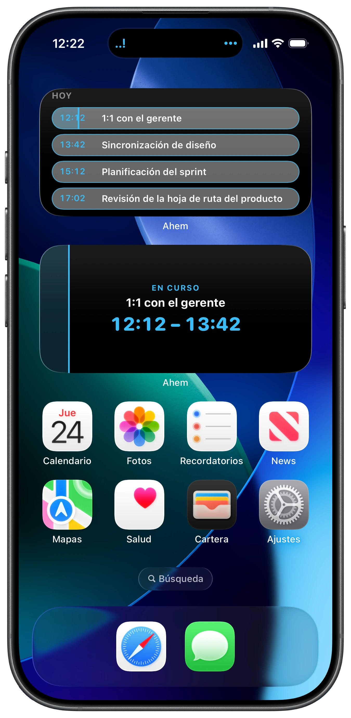 Pantalla de inicio del iPhone con los widgets de cuenta atrás, cronología y Split de Ahem