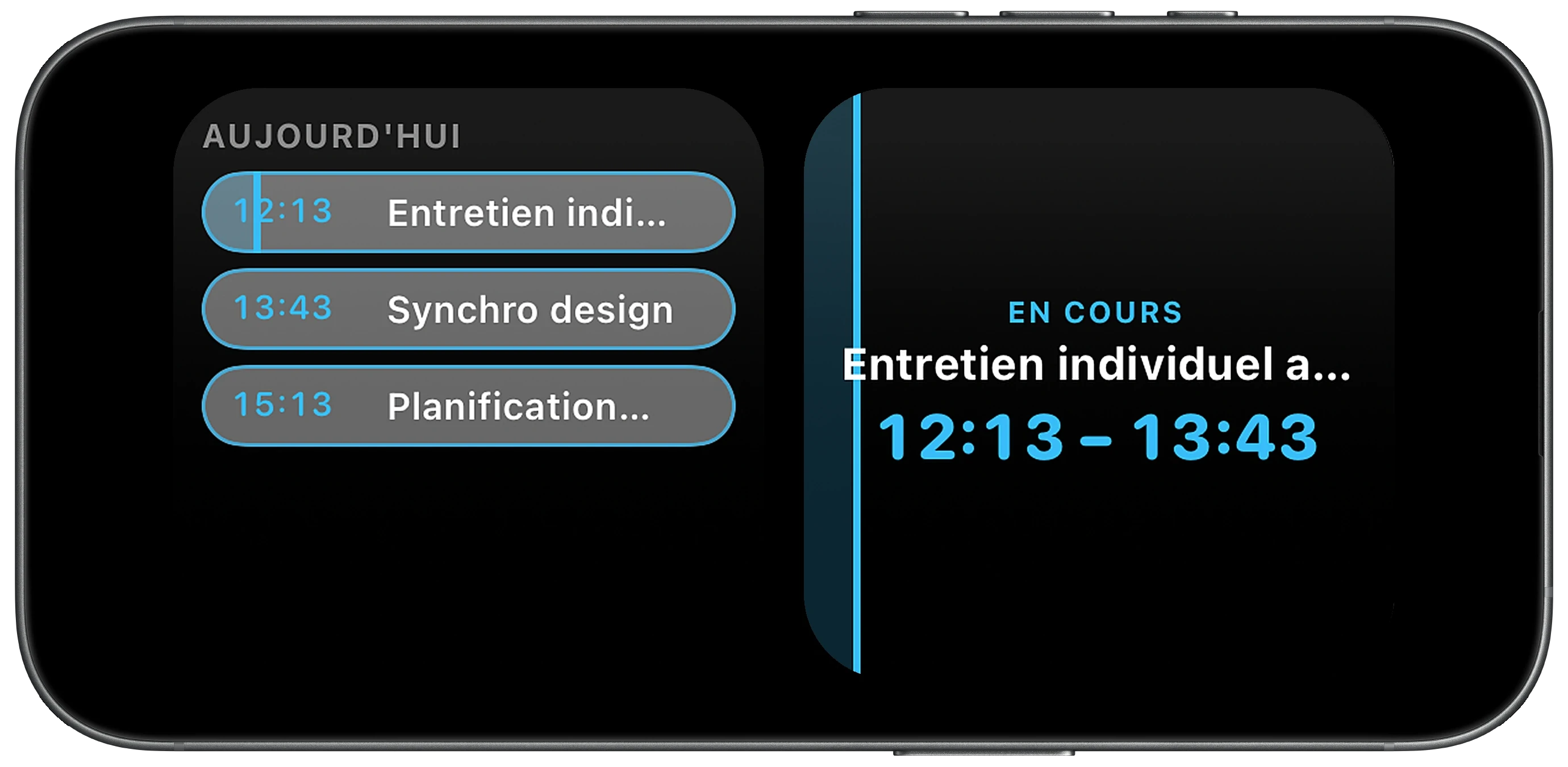 iPhone en mode En veille sur un bureau, avec réunion en cours et chronologie à venir