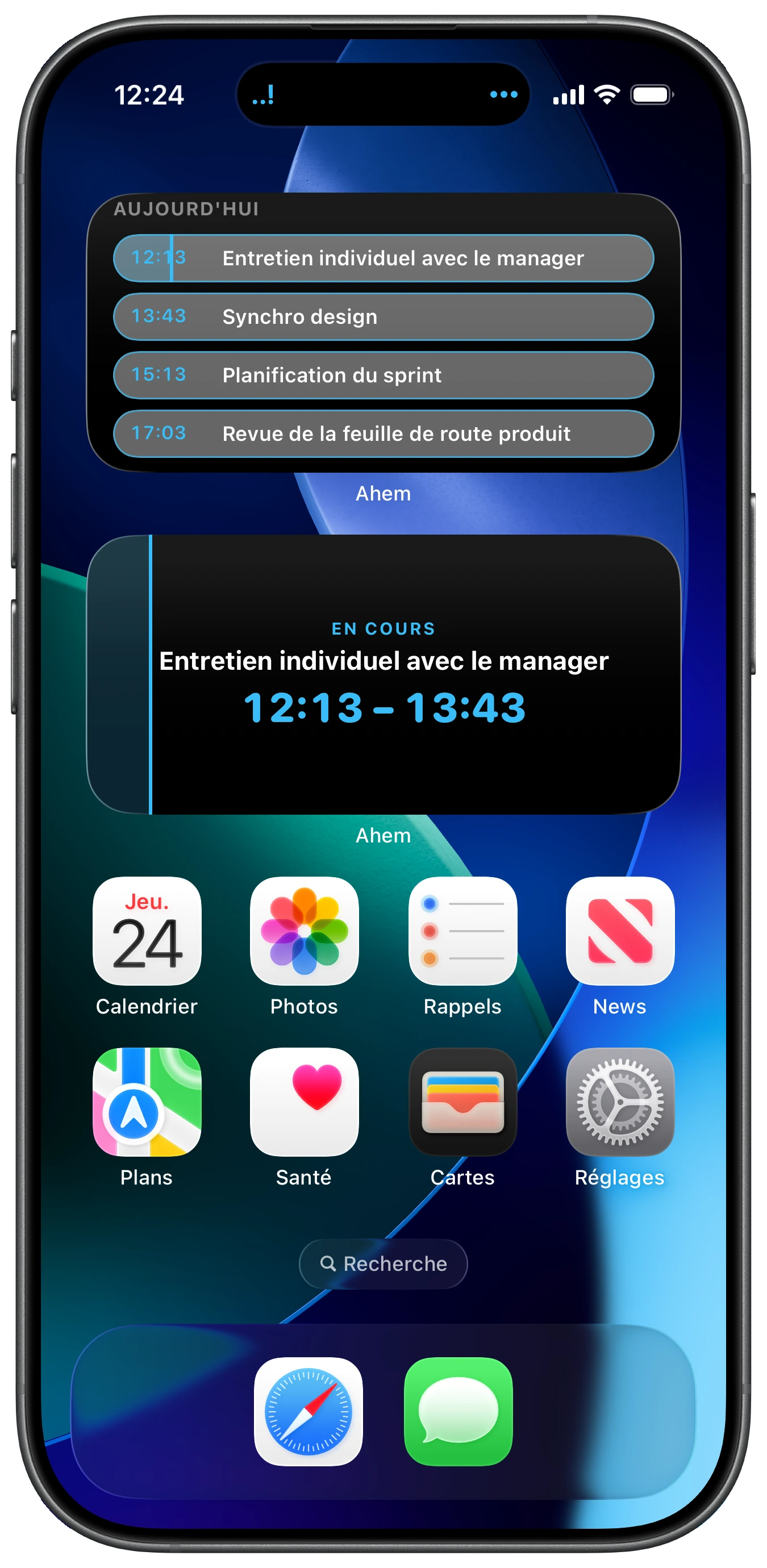 Écran d’accueil de l’iPhone avec les widgets Ahem Compte à rebours, Chronologie et Split