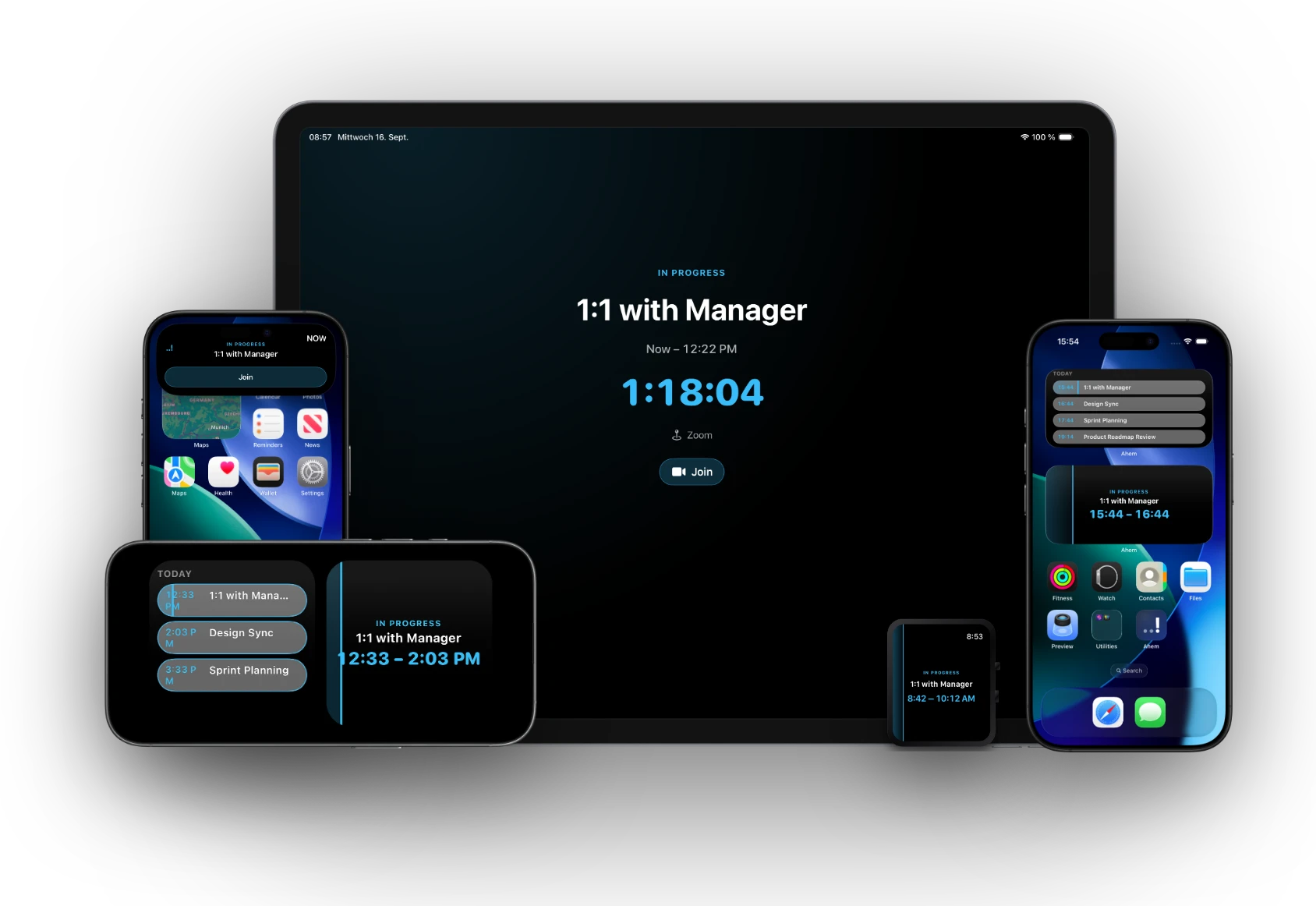 Ahem for iOS shown across iPhone Dynamic Island, Lock Screen Live Activity, and Home Screen widgets