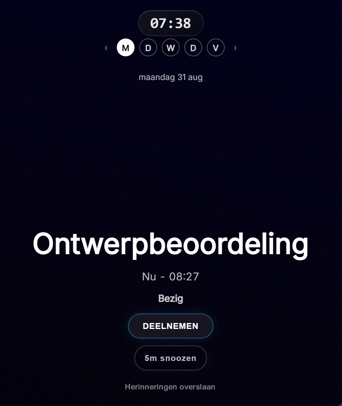 Close-up van een Ahem!-herinnering: naam van de vergadering, tijd, en grote knoppen om deel te nemen of te snoozen