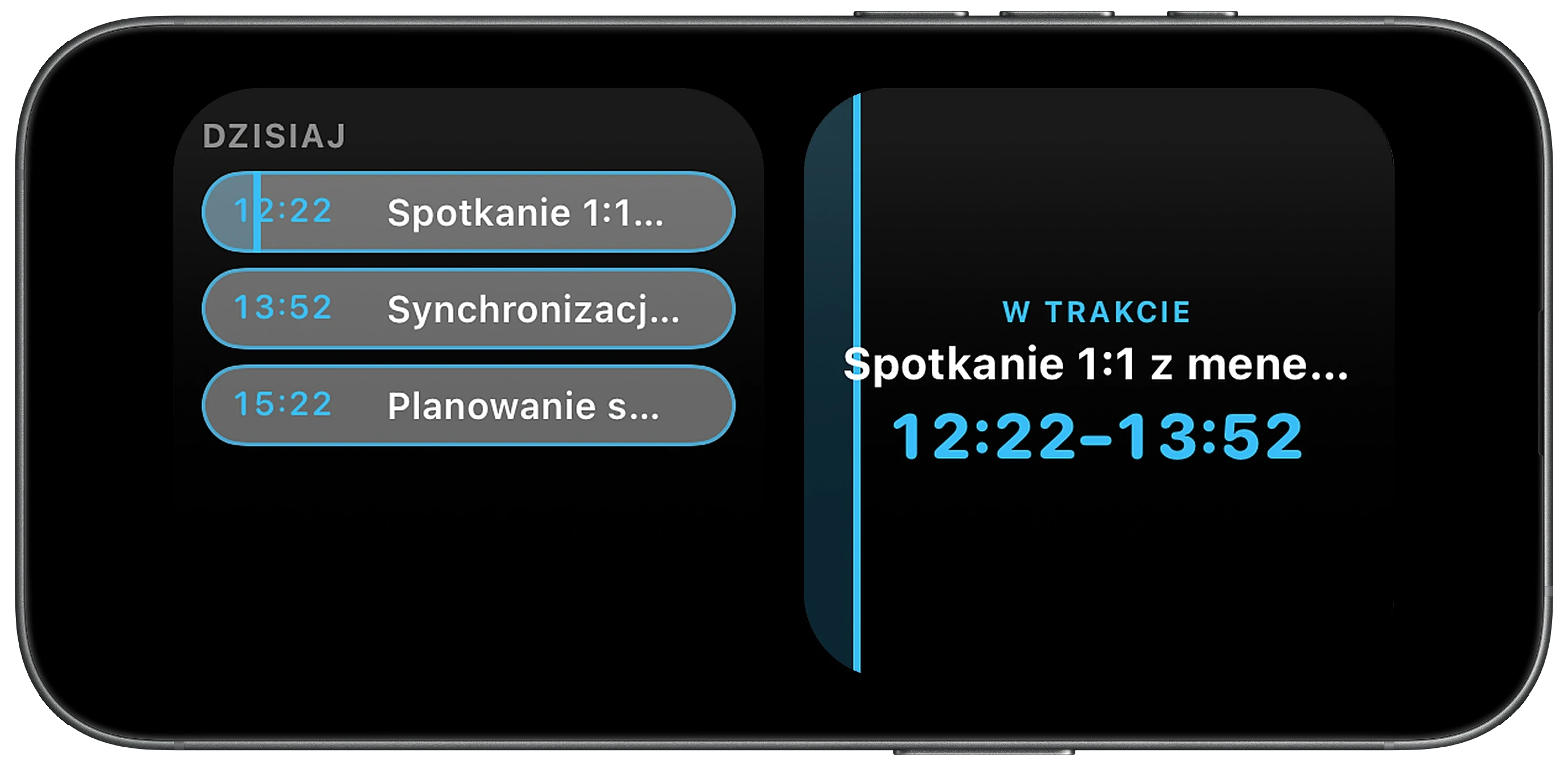 iPhone w trybie Czuwanie na biurku, z bieżącym spotkaniem i osią czasu