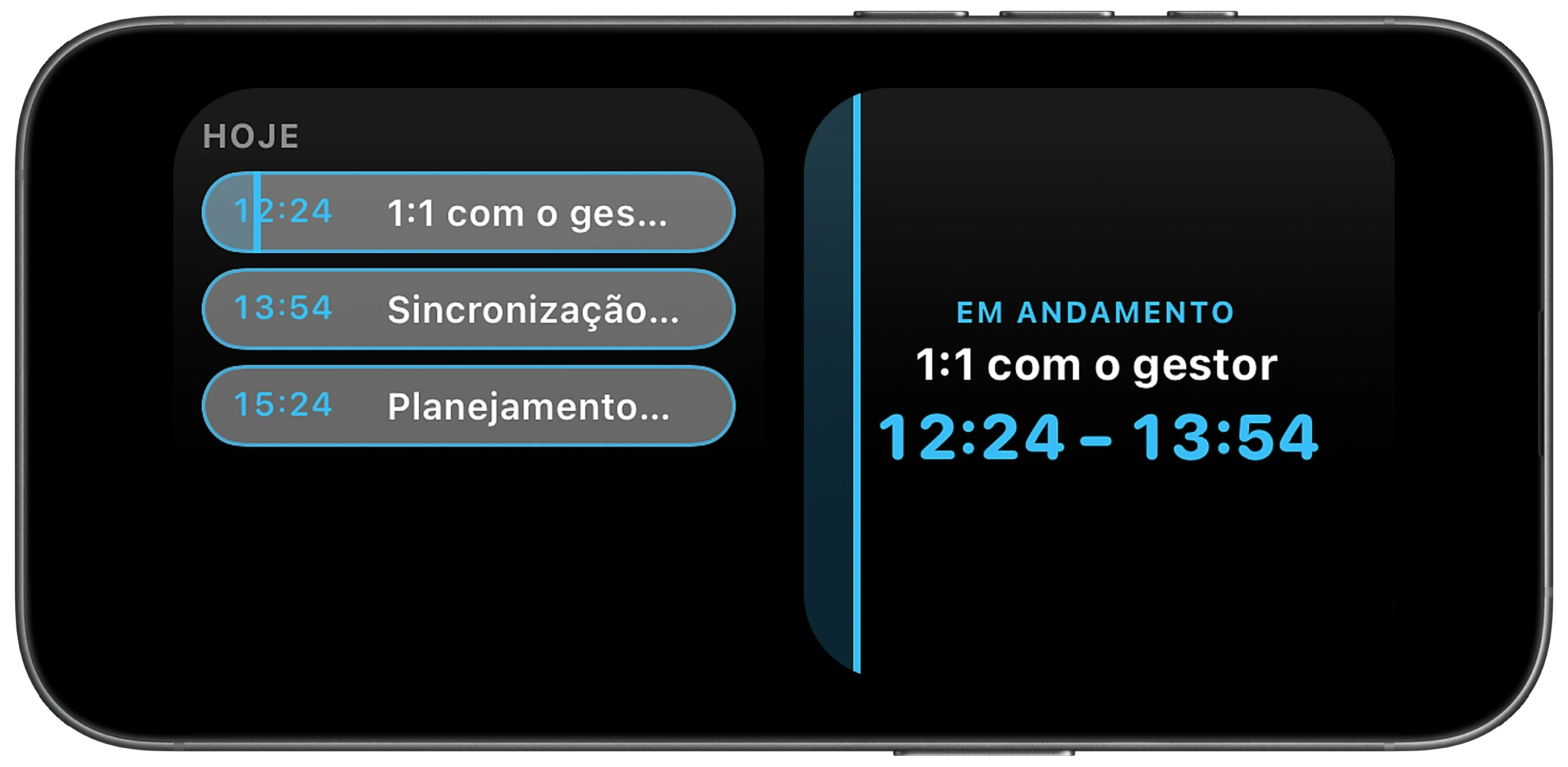 iPhone no modo Em Espera sobre uma mesa, mostrando a reunião atual e a linha do tempo