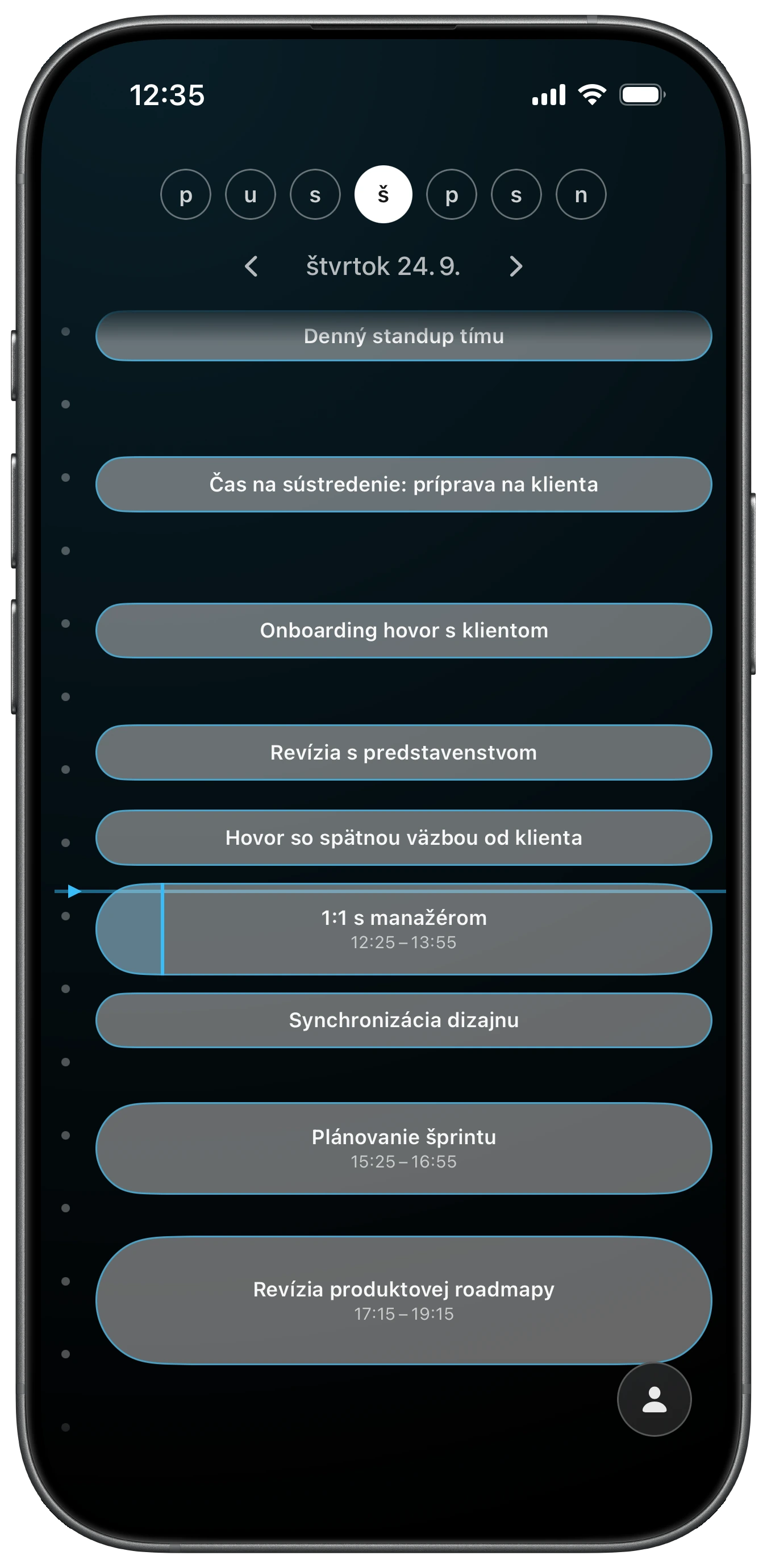 Aplikácia Ahem pre iOS s posúvateľnou časovou osou dňa a detailmi udalosti