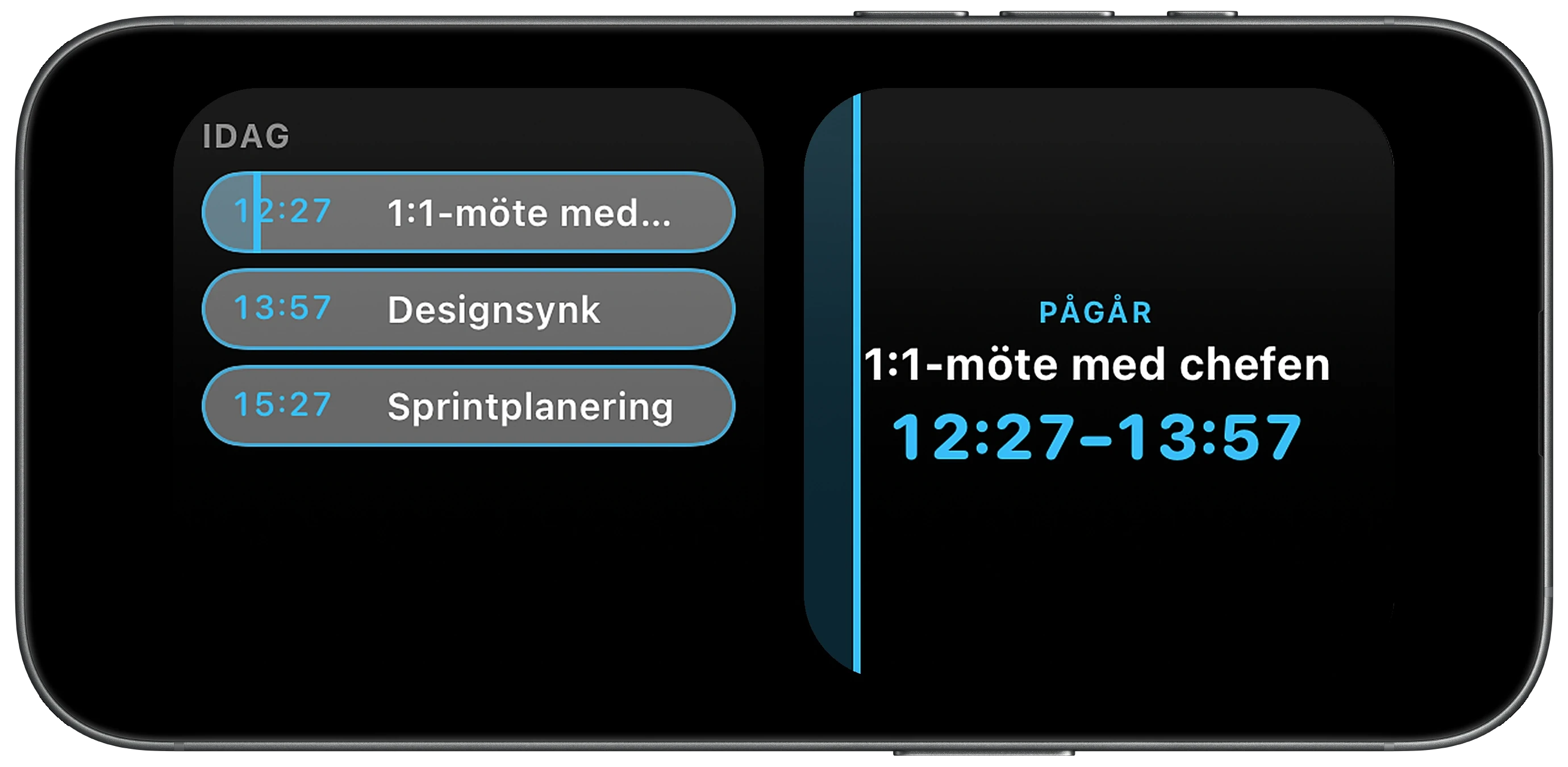 iPhone i Standby på ett skrivbord med aktuellt möte och kommande tidslinje