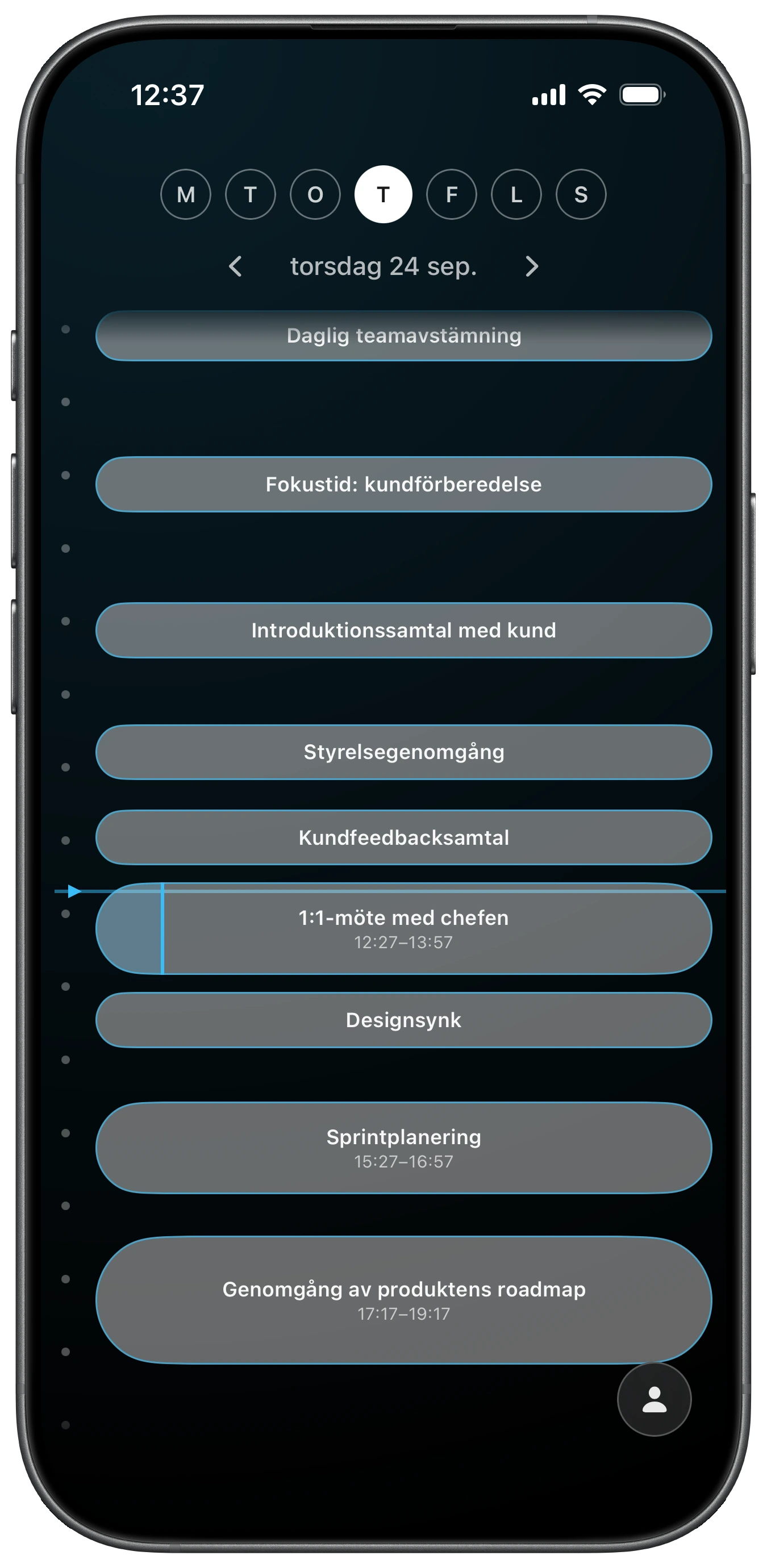 Ahem för iOS med rullbar dagstidslinje och händelsedetaljer