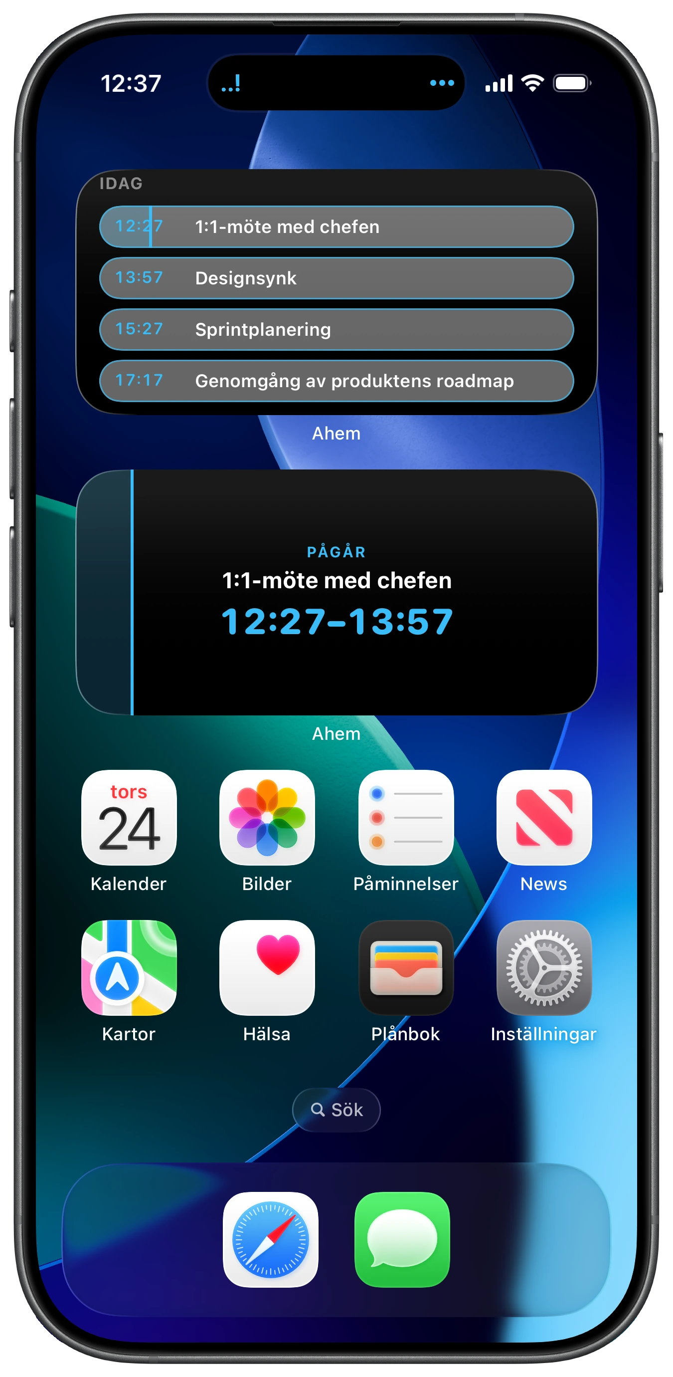 iPhones hemskärm med Ahems widgetar för nedräkning, tidslinje och Split